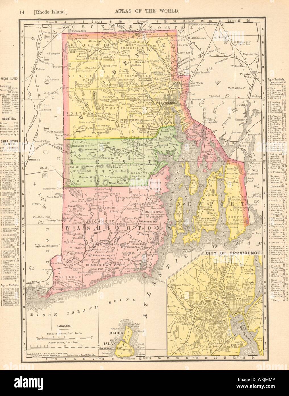 La Rhode Island mappa di stato che mostra le contee. La provvidenza inset. RAND MCNALLY 1906 Foto Stock