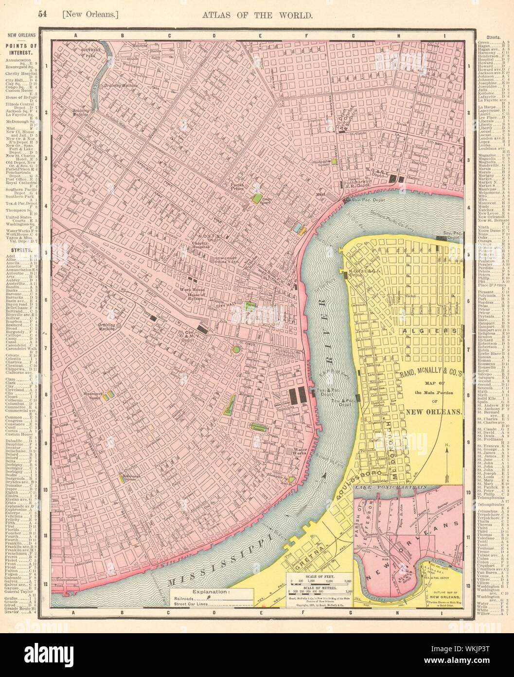 New Orleans città mappa della città piano. In Louisiana. RAND MCNALLY 1906 antica Foto Stock