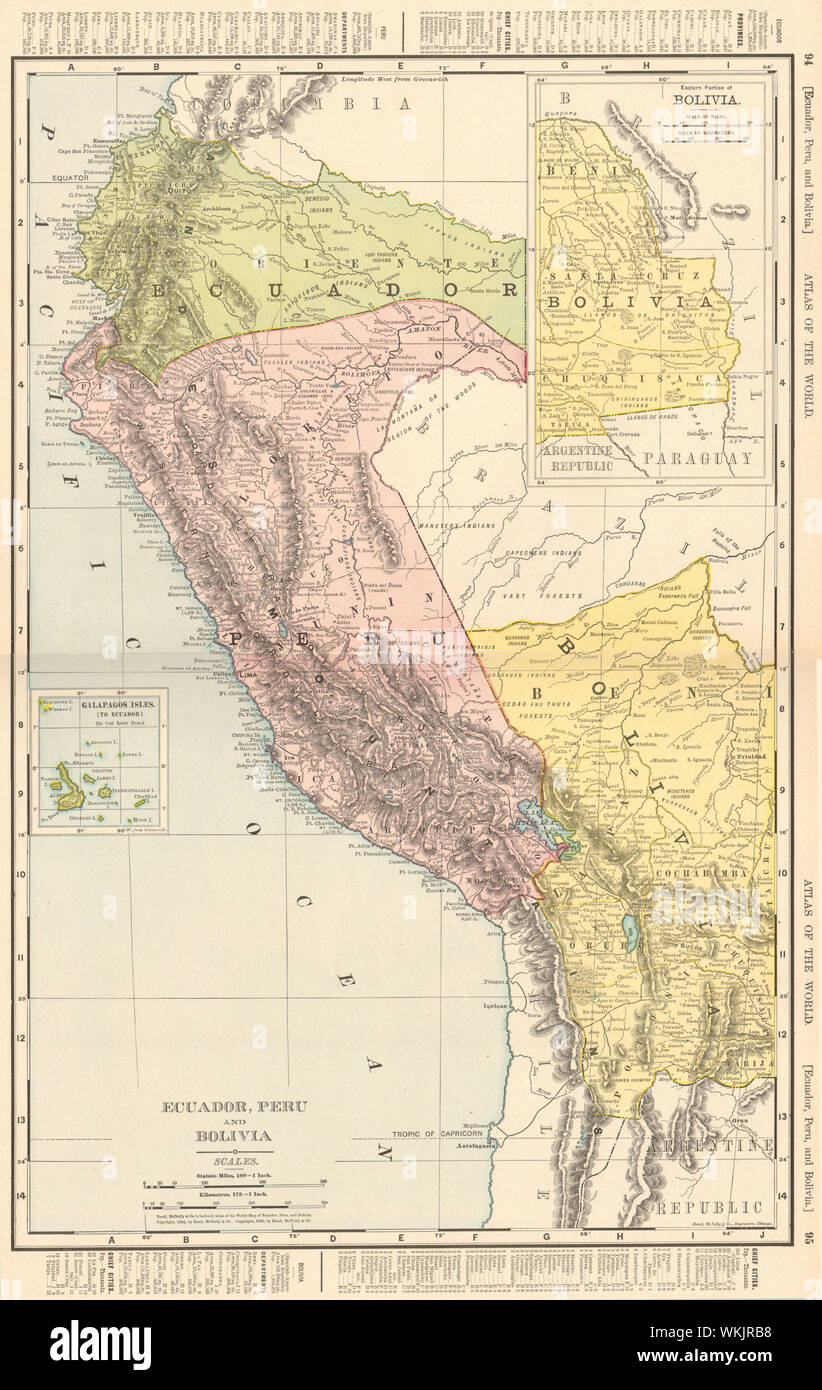 ECUADOR PERÙ BOLIVIA. Confine pre Guerra del 41 guerra. RAND MCNALLY 1906 mappa vecchia Foto Stock