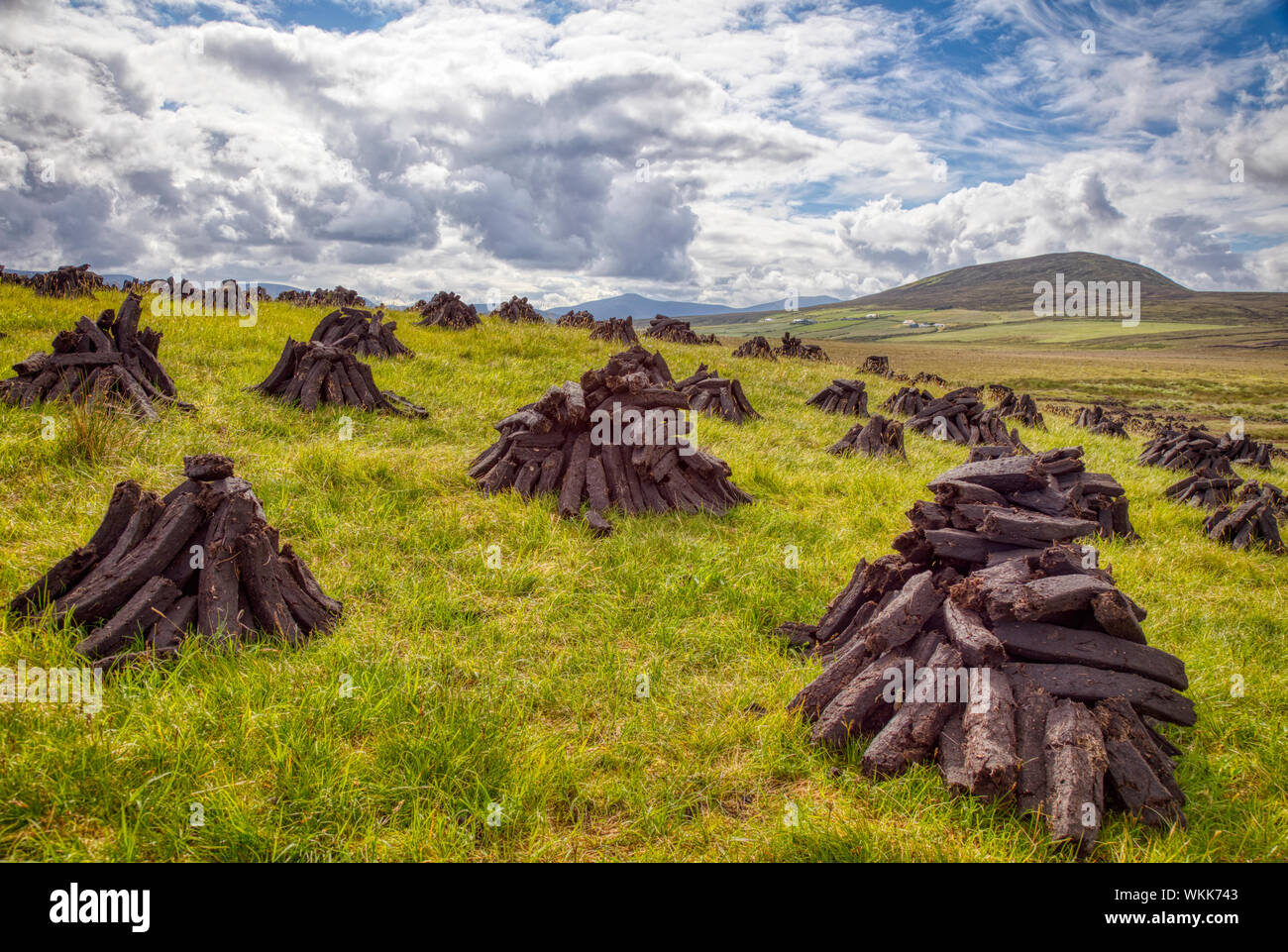 Campo di una pila di tappeto erboso irlandese o essiccazione di Torba in pile in Irlanda nordoccidentale Foto Stock