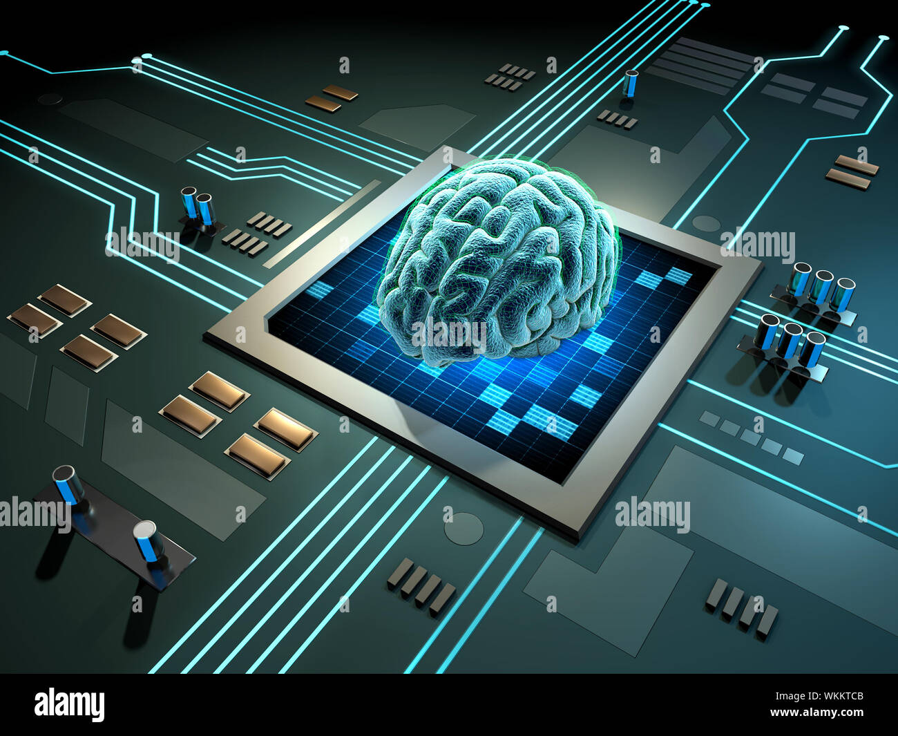 Cervello digitale su circuiti stampati scheda. 3D'illustrazione. Foto Stock