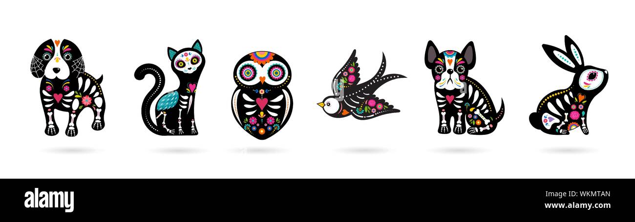 Il giorno dei morti, Dia de los moertos, animali teschi e lo scheletro decorata con colorate elementi messicano e fiori. Fiesta, Halloween, vacanze Illustrazione Vettoriale