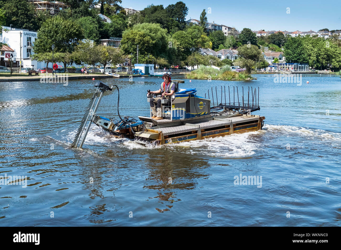 Un Truxor DM 5045 semovente toolcarrier anfibio lavorando al controllo di vegetazione invasiva in Trenance lago in barca a Newquay in Cornovaglia. Foto Stock