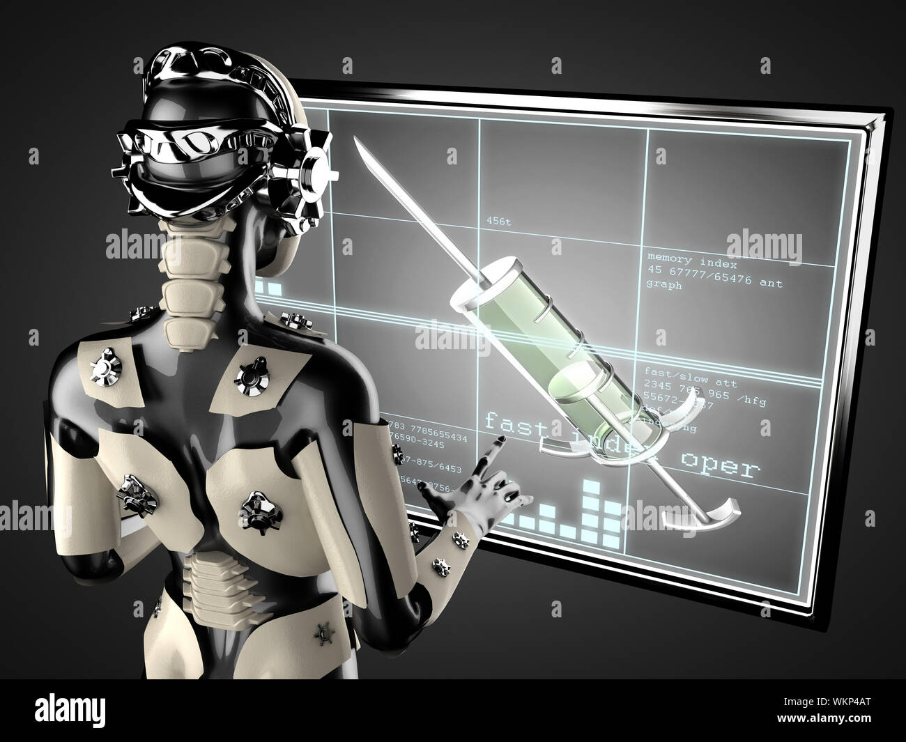 Cyborg donna manipolazione displey ologramma Foto Stock