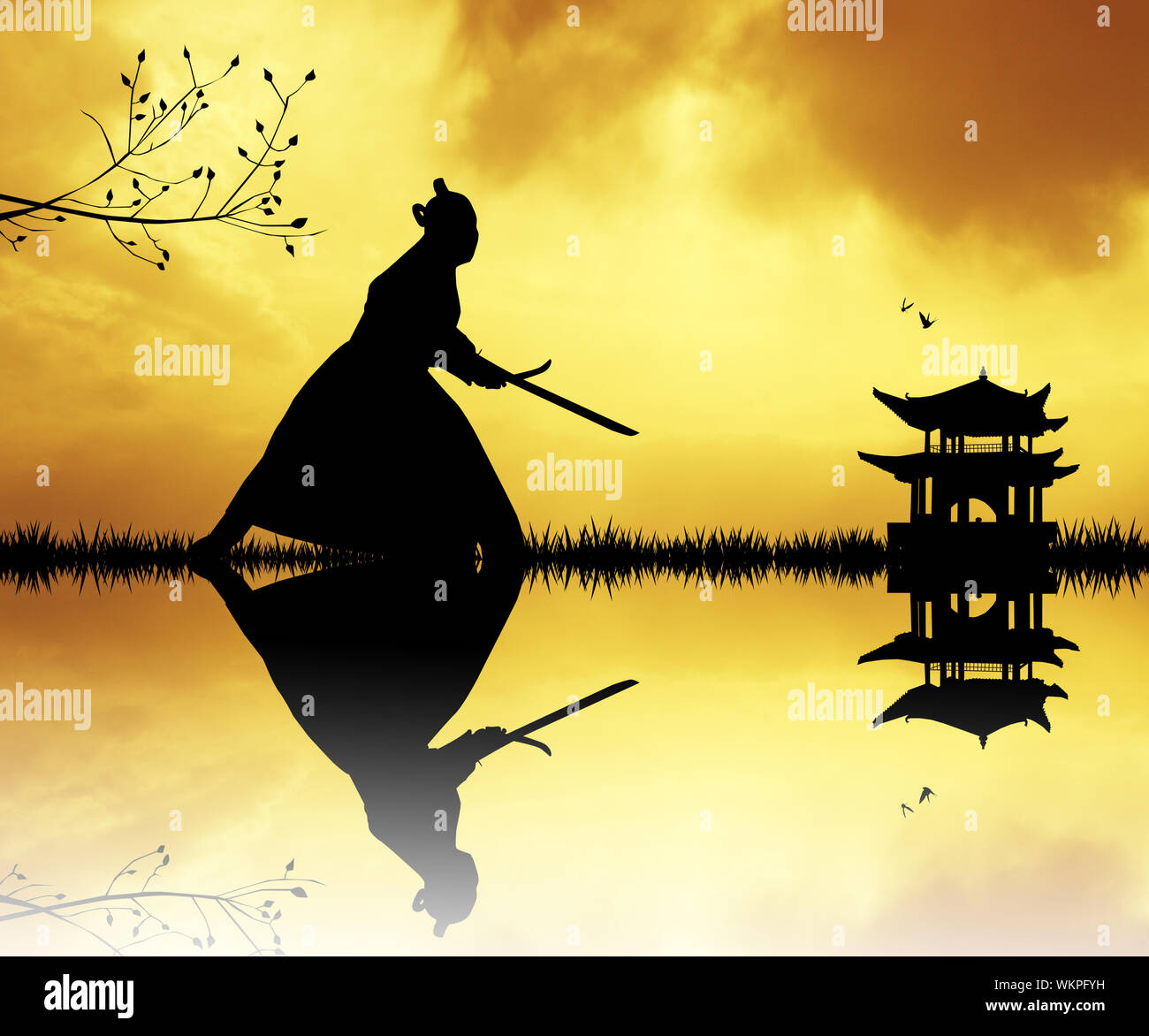 Il Samurai silhouette al tramonto Foto Stock