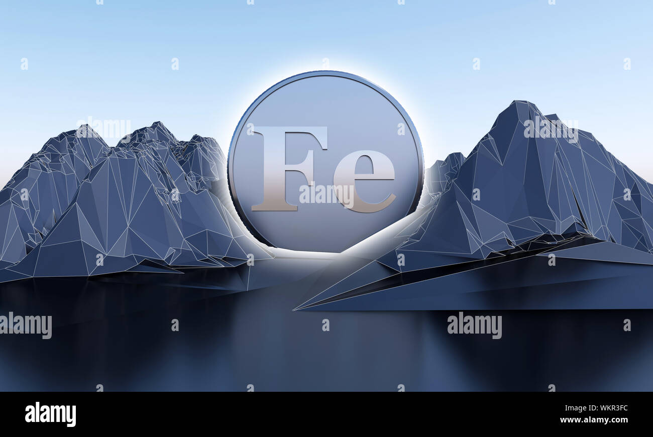 Simbolo di ferro in forma di moneta in astratto le montagne. Il rendering 3D Foto Stock