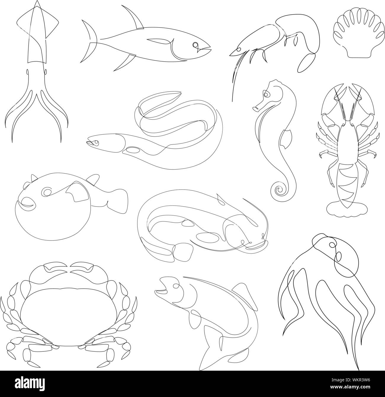 Animali subacquei collezione disegnata da una linea. Stile minimalista mare oceano e creature. Illustrazione Vettoriale Illustrazione Vettoriale