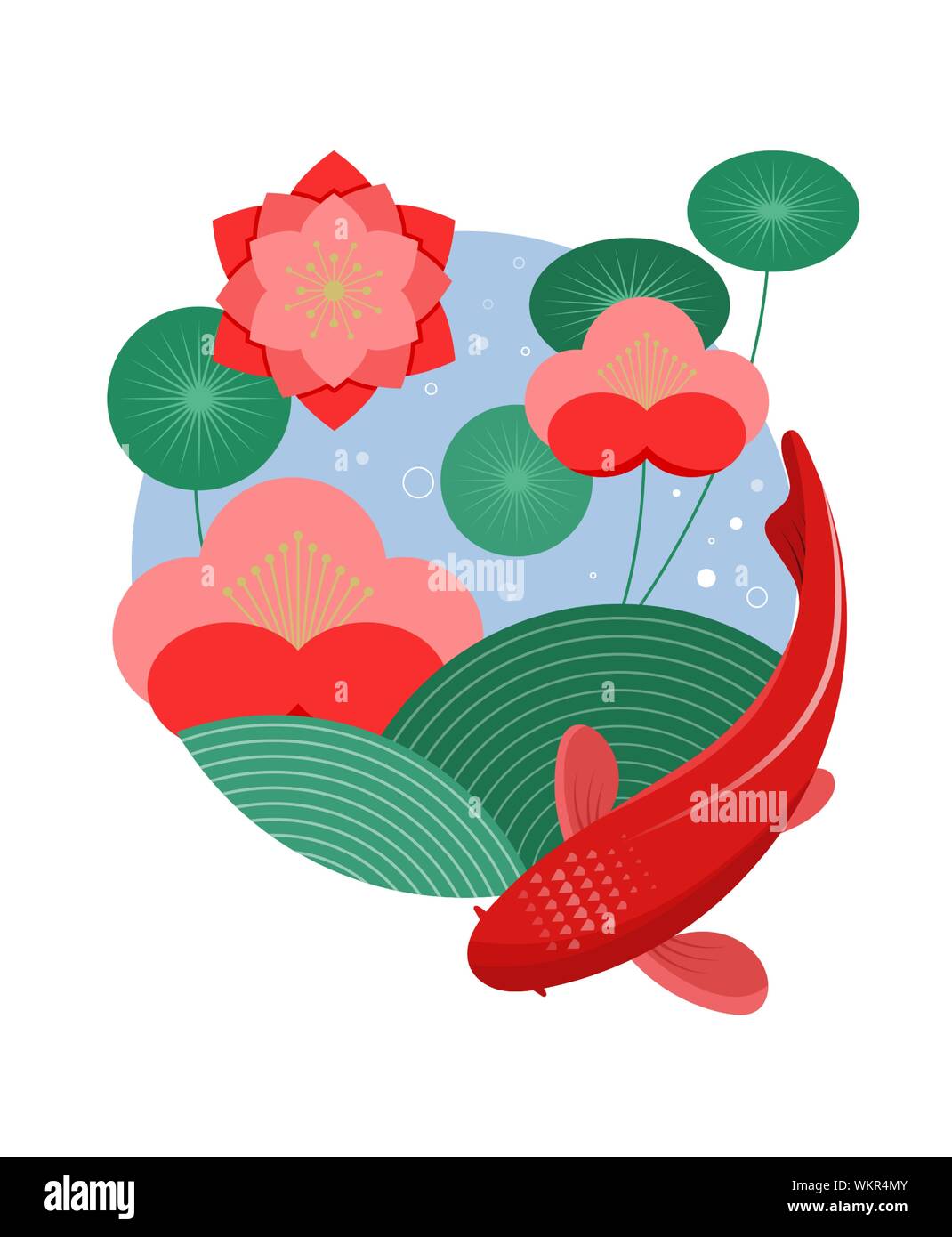 Uno spettacolare pesce Koi, rosso di carpe e fiori. Illustrazione Vettoriale Illustrazione Vettoriale