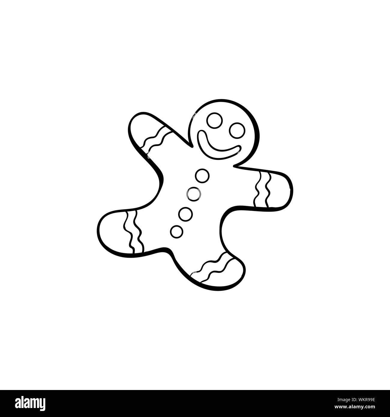 Gingerbread Man mano disegnato illustrazione vettoriale. Gustosa forma umana sorridente cookie la colorazione dell'immagine. Tradizionale snack caserecci, biscotto di Natale schizzo. Una deliziosa pasticceria, prodotto da forno Illustrazione Vettoriale