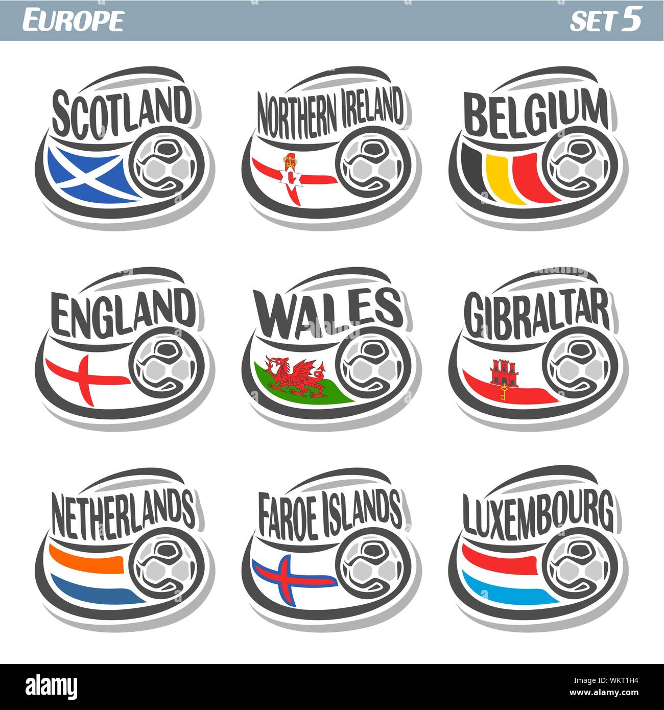 Il logo del vettore per il calcio europeo bandiere nazionali isolate flag di stato con palloni da calcio. Illustrazione Vettoriale
