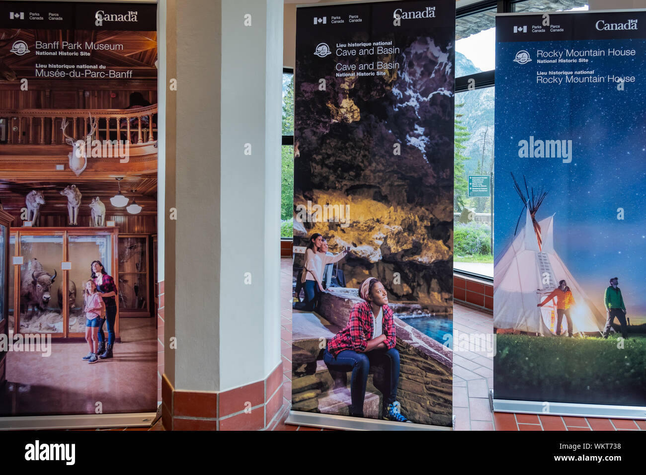 Banff, Lug 26: Centro Visitatori della grotta e Basin National Historic Site il Lug 26, 2019 a Banff, Canada Foto Stock