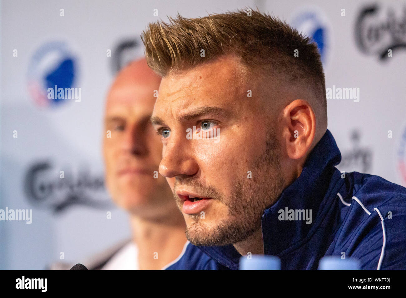 Copenhagen, Danimarca. 4 Sep, 2019. FC Copenhagen hanno firmato Nicklas Bendtner dal norvegese champions Rosenborg BK su un accordo fino alla fine dell'anno. Qui Bendtner è visto alla conferenza stampa a Telia Parken di Copenaghen. (Photo credit: Gonzales foto/Alamy Live News Foto Stock