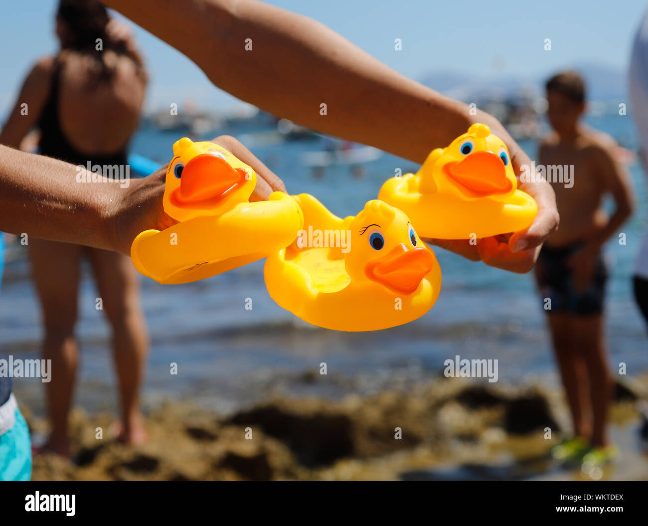 Can Picafort, Maiorca / Spagna - Agosto 15, 2019: le persone godono di un tradizionale gomma anatre buttare in acqua nella spiaggia di Can Picafort Mallorca Foto Stock