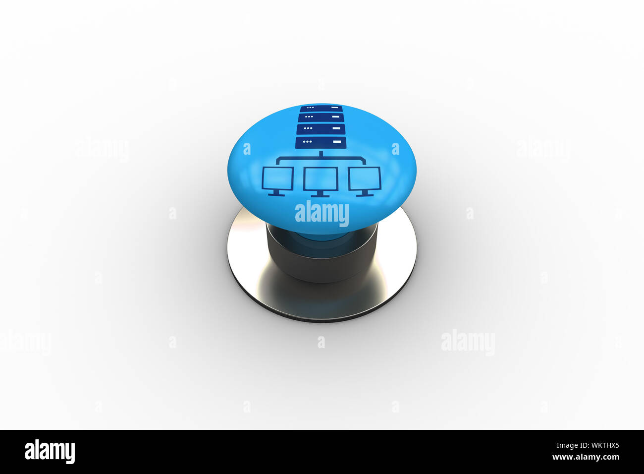 Immagine composita della torre di server e computer grafica blu sul pulsante Foto Stock