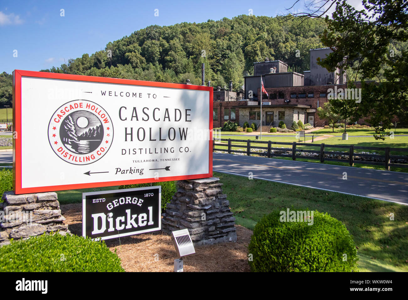 Tullahoma, Tennessee - 28 Agosto 2019 : Ingresso cartello fuori George Dickel, cavo a cascata Tennessee whiskey company in Tullahoma rurale, TN. Foto Stock
