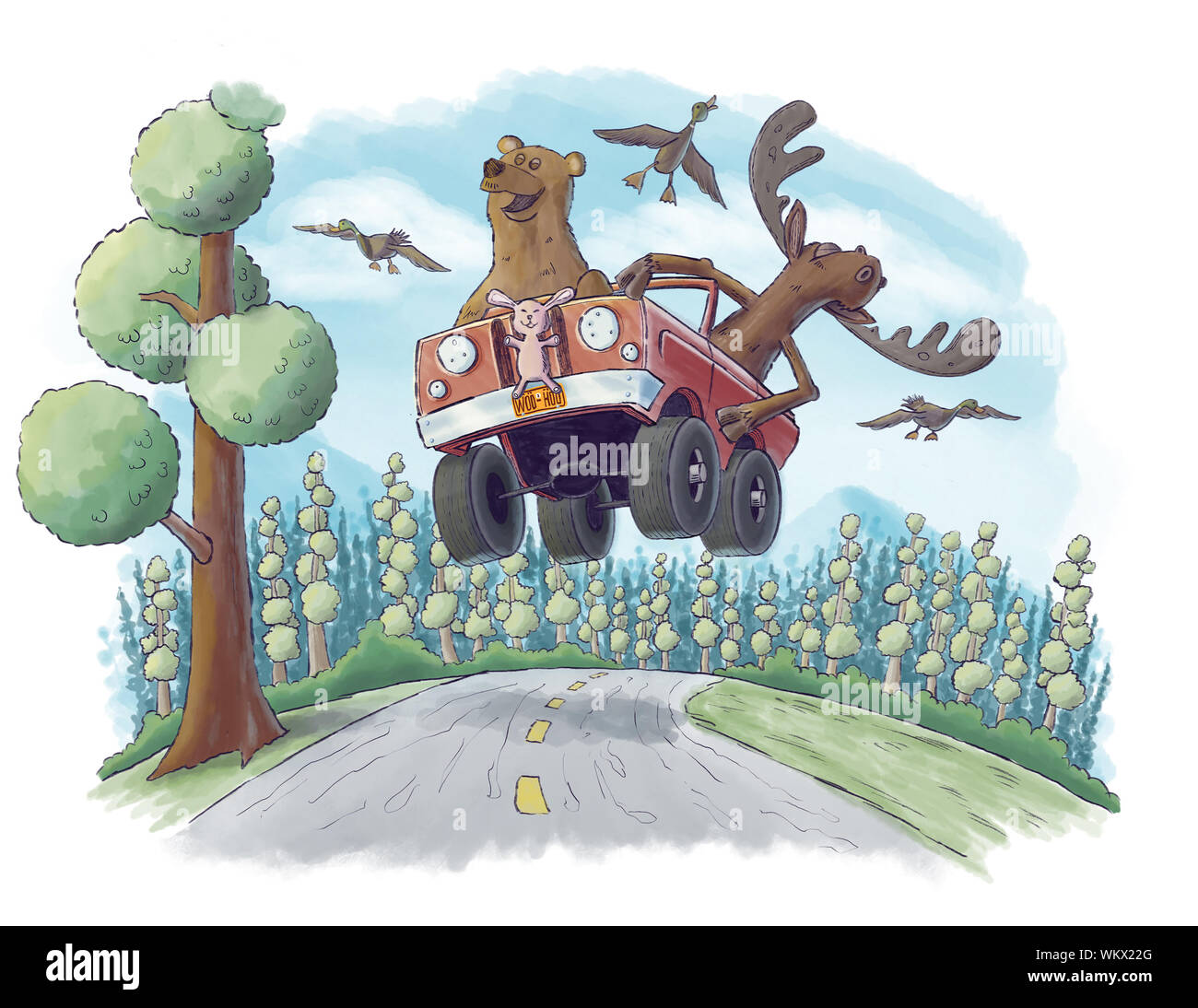 Cartoon illustrazione di un alce e orso prendendo un ATV su una gioia ride. Foto Stock