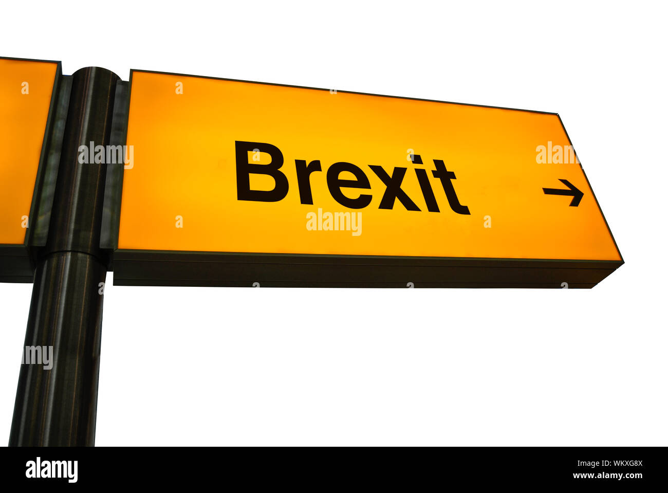 Stile britannico aeroporto arancione segno con una freccia e la parola Brexit Foto Stock