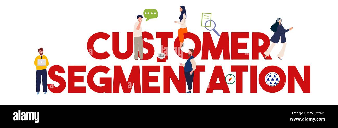 Segmentazione del mercato metodo da vari attributi uomo business team di lavoro testo grande illustrazione vettoriale Illustrazione Vettoriale