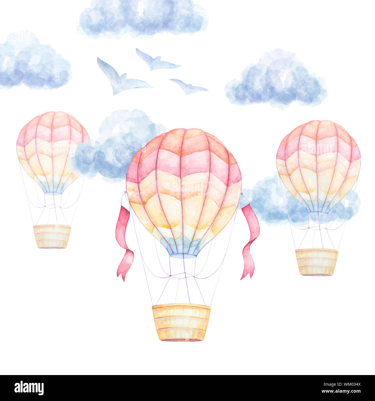 Acquerello baby clip art. Aria colorate mongolfiere volare nel cielo, nuvole, uccelli. I ragazzi di stampe. Neonato dono d'arte. Parete di vivaio art. Foto Stock