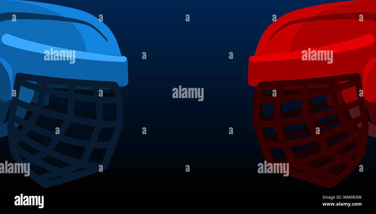 Due caschi di hockey, blu e rosso, che rappresenta lo scontro di due squadre di hockey in campionato, gli uni contro gli altri, con spazio per il testo. Vect Illustrazione Vettoriale