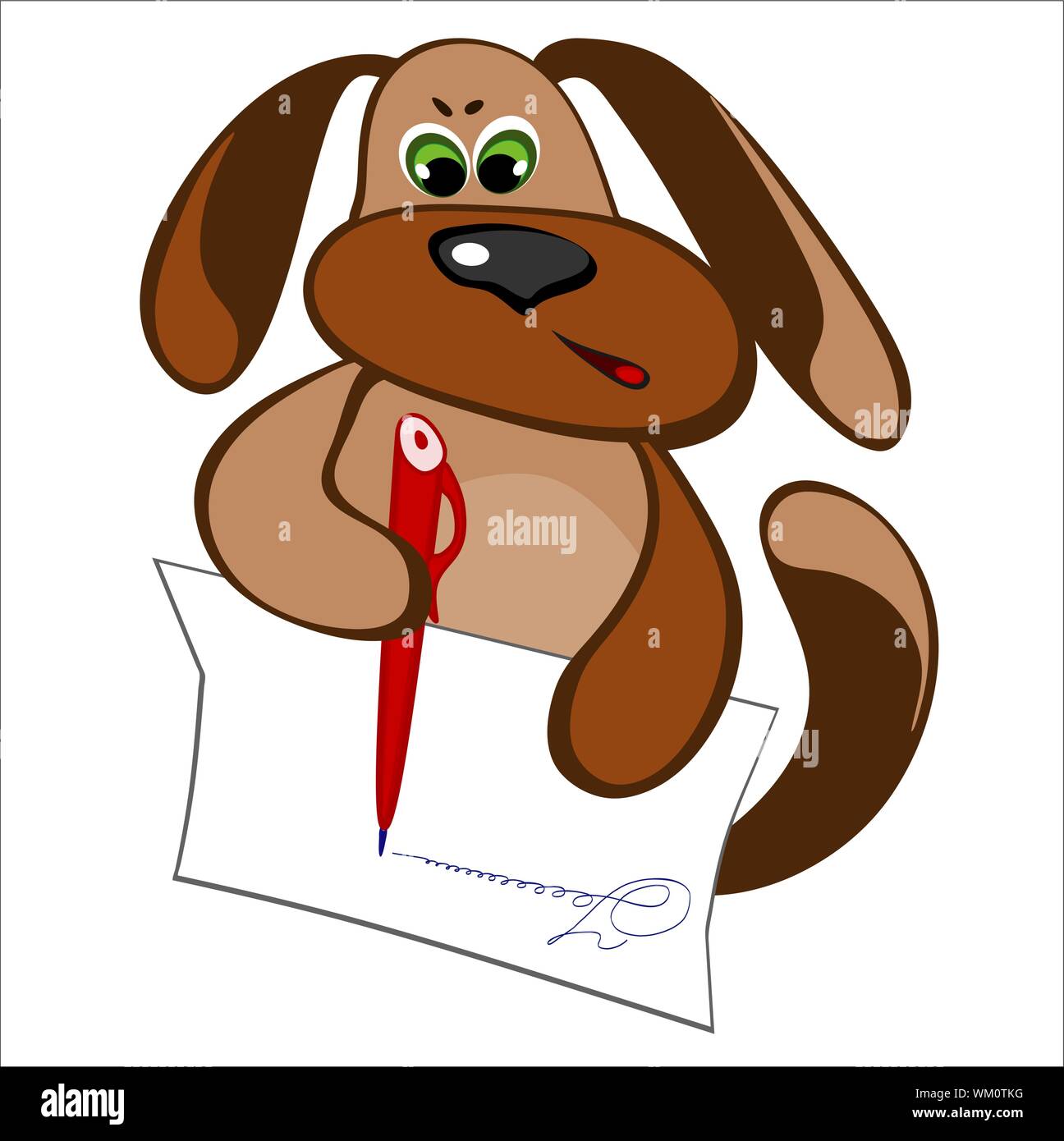 Cane marrone con una penna rossa con inchiostro blu scrive qualcosa su un pezzo di carta bianco l'iscrizione - scribble. Disegno e illustrazione vettoriale Illustrazione Vettoriale