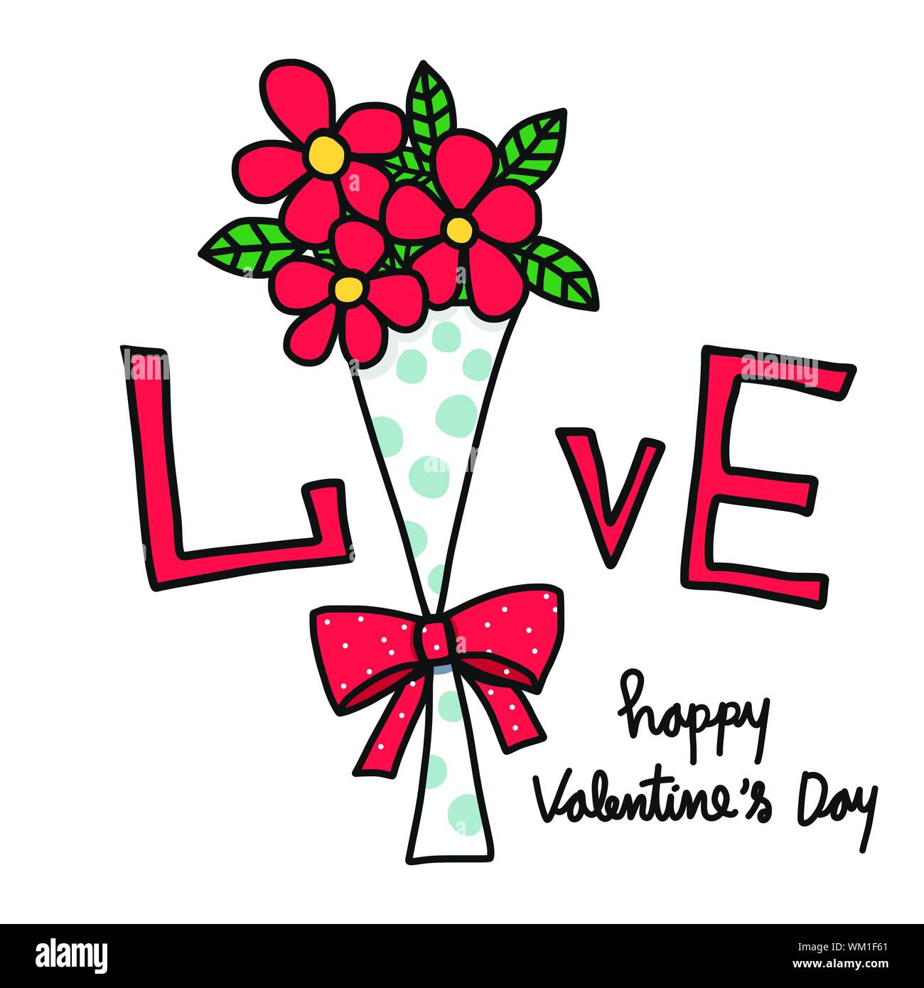 Amore parola bouquet di fiori Buon San Valentino cartoon illustrazione vettoriale Illustrazione Vettoriale