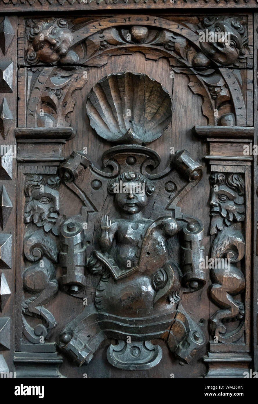 Dettaglio del pulpito, St Cuthbert, pozzi, Somerset, Regno Unito Foto Stock