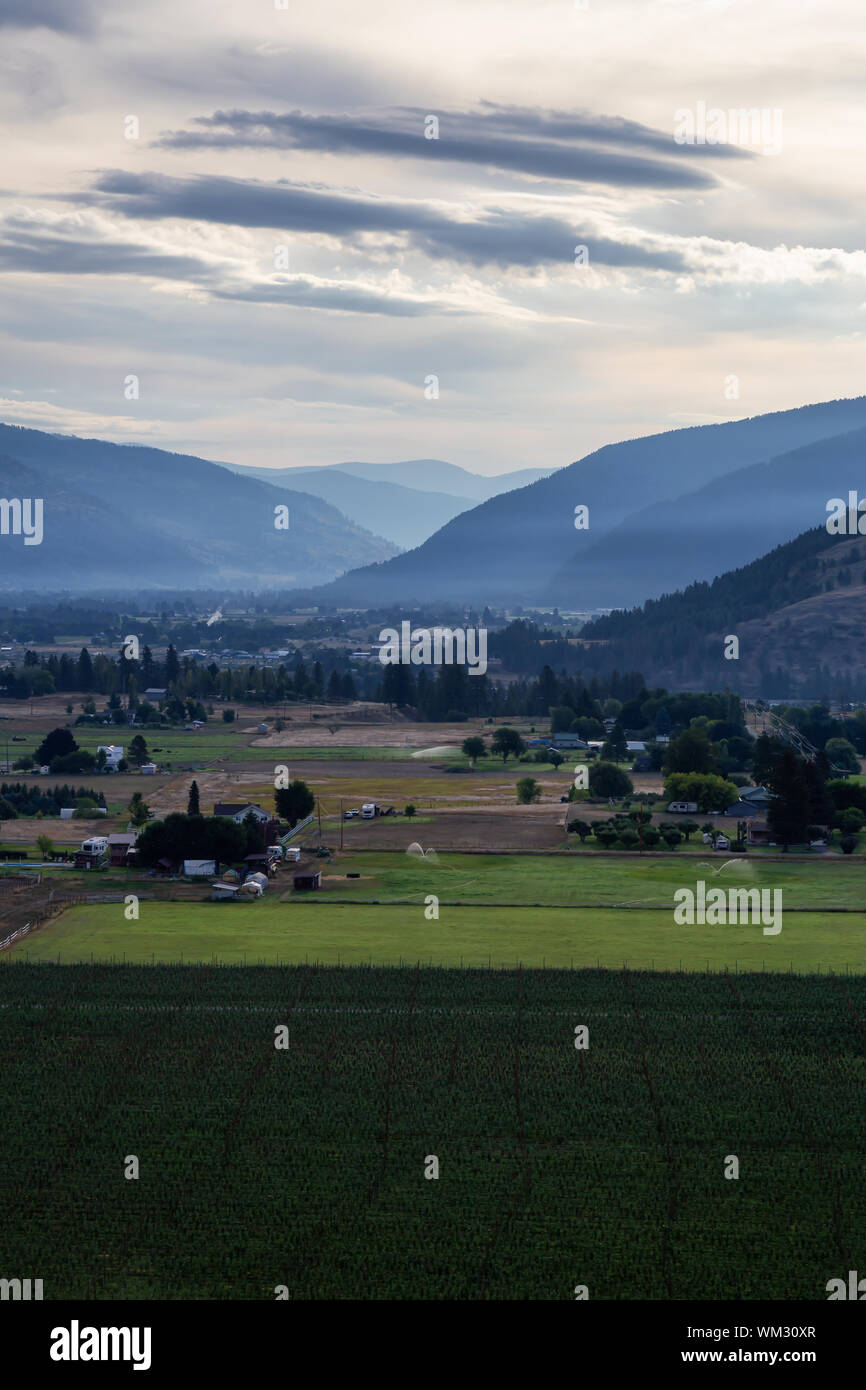 Bella vista dei campi di fattoria nel paese canadese lato durante una torbida estate sunrise. Prese vicino a Grand Forks, British Columbia, Canada. Foto Stock