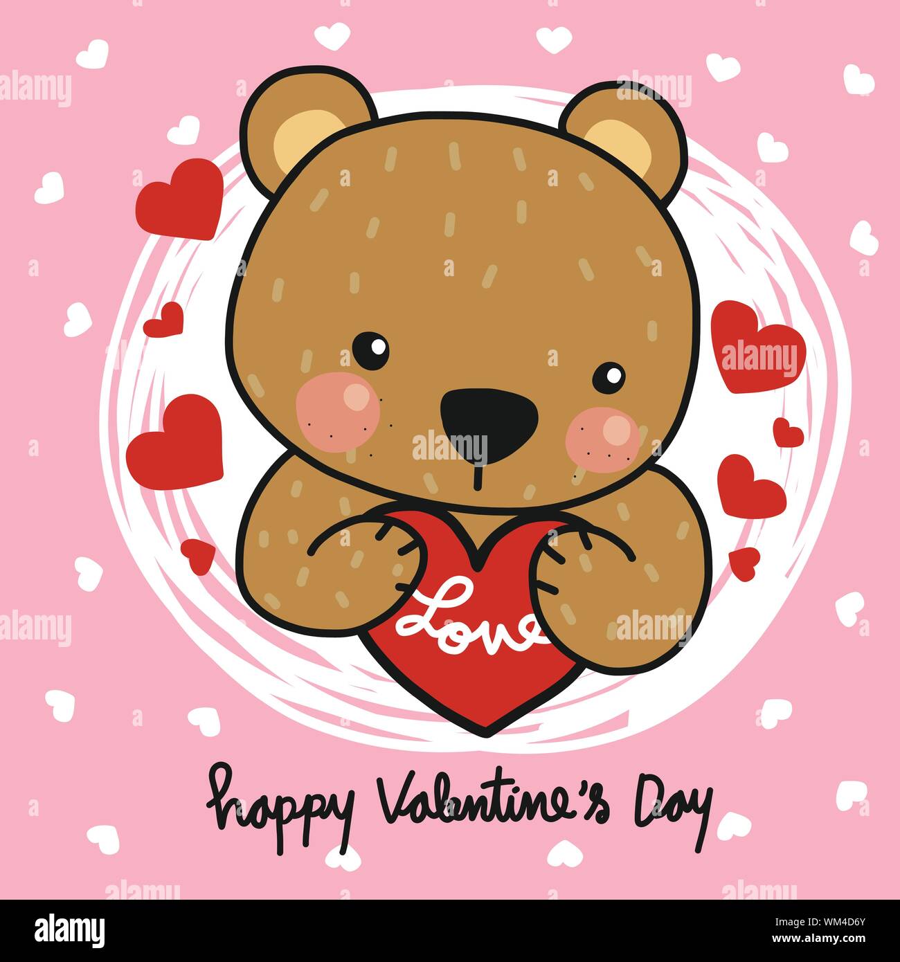 Carino orso bruno abbracciando cuore felice San Valentino vettore cartoon illustrazione stile doodle Illustrazione Vettoriale