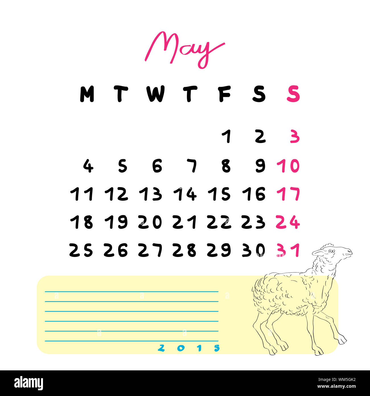 Calendario 2015 illustrazione pagina con pecora doodle e la sezione delle note su bianco, può Foto Stock