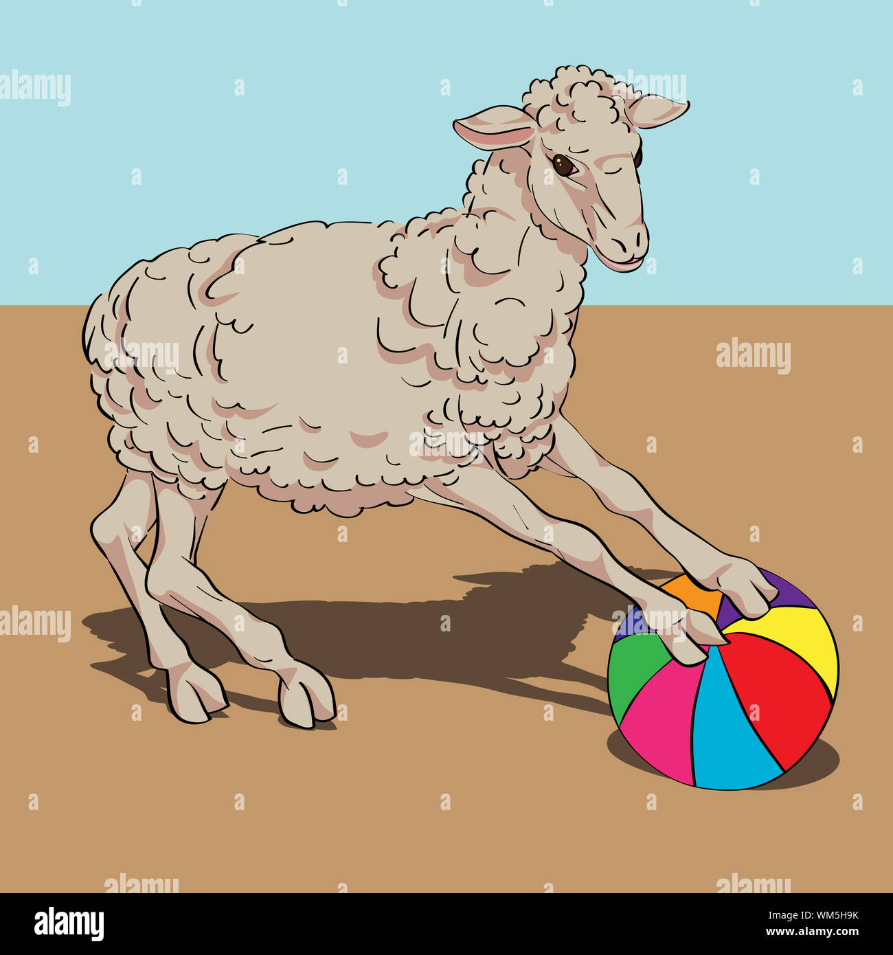 Pecore giocare la palla card, mano Illustrazione disegnata su un vintage sfondo colorato Foto Stock