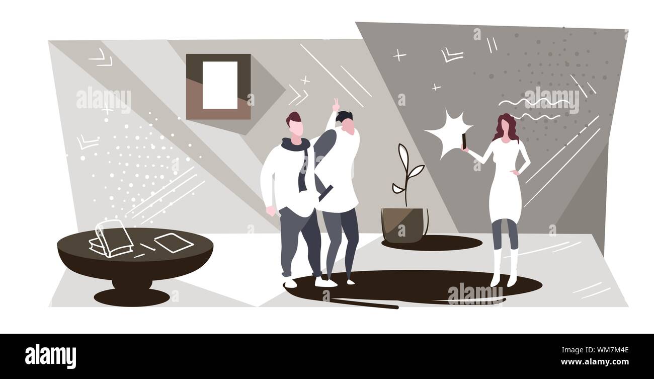 Donna che utilizza smartphone le riprese della telecamera due ragazzi giocoso per divertirsi insieme permanente che mostra le dita dietro capo ufficio moderno schizzo interno Illustrazione Vettoriale