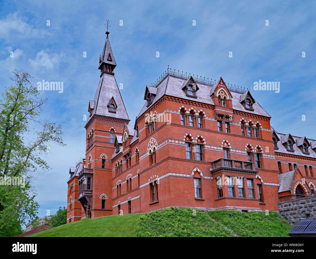 ITHACA, NY - Maggio 2019: Sage Hall presso la Cornell University è un molto drammatico pezzo di architettura romanica in mattoni multicolore. Foto Stock