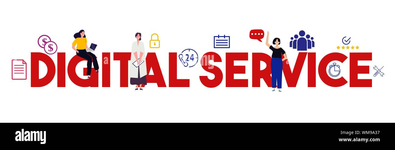 Il servizio digitale di prodotto online per il supporto e la manutenzione imprenditrice mano lavorando con team come concetto illustrazione vettoriale Illustrazione Vettoriale