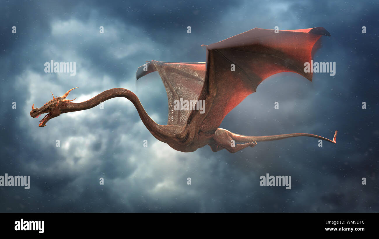 Dragon, wet creatura volando attraverso una forte tempesta (3d fantasy illustrazione) Foto Stock
