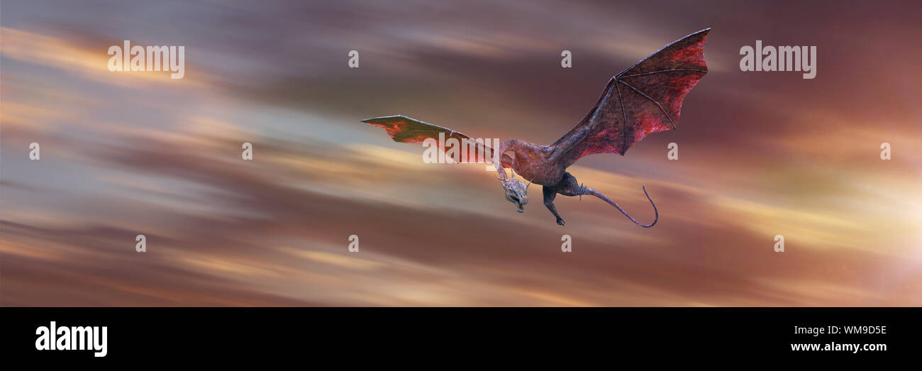 Drago, una creatura magica battenti di fronte all'alba Foto Stock