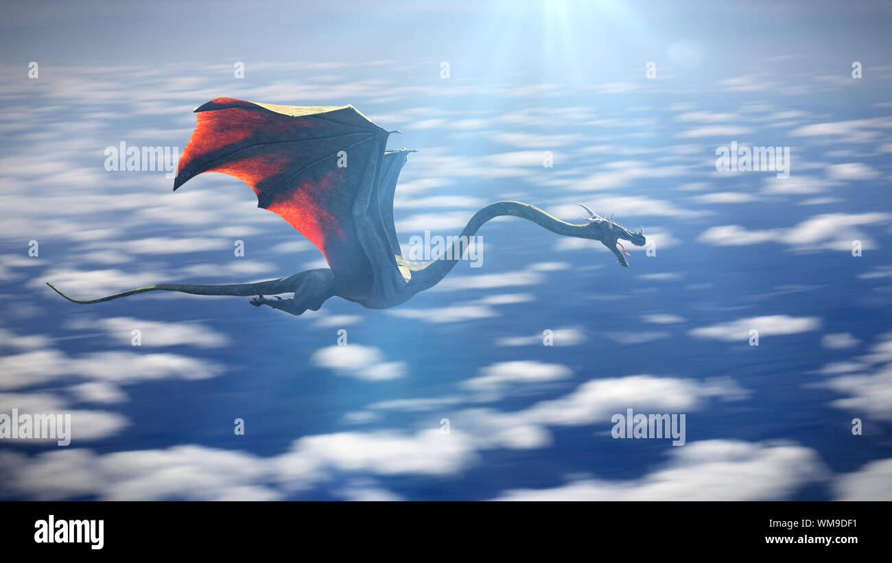 Fast flying dragon, leggendaria creatura verde in alto sopra le nuvole Foto Stock