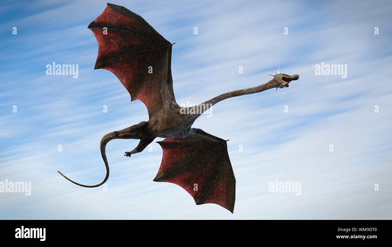 Drago, una gigantesca creatura alata battenti velocemente attraverso l'aria Foto Stock
