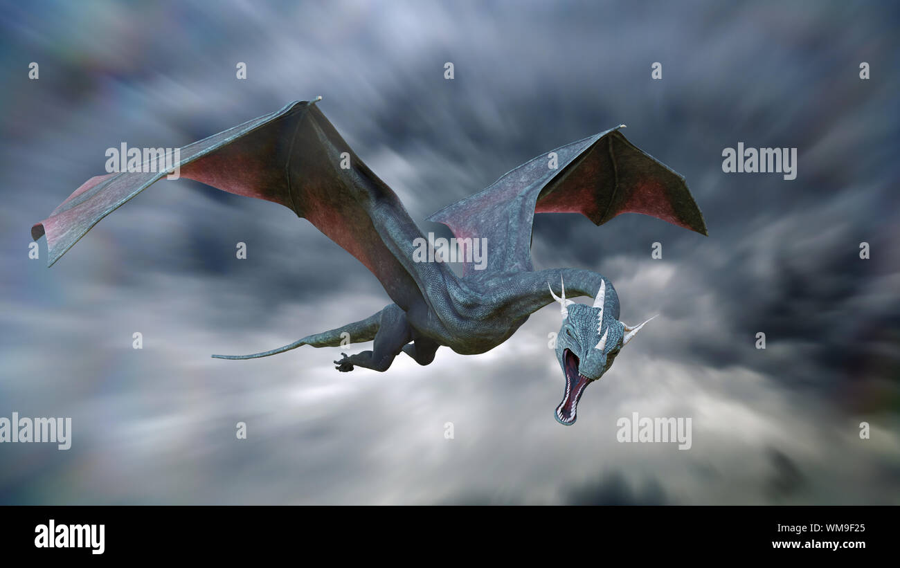 Drago gigante, fiaba creatura volando attraverso le nuvole Foto Stock