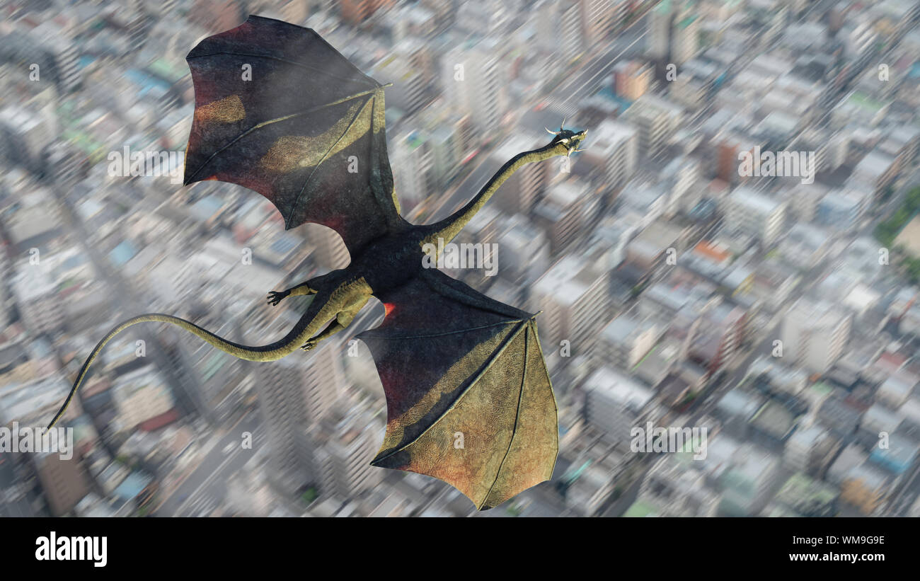 Dragon nel cielo, fantastica creatura verde alta battenti nel corso di una città Foto Stock