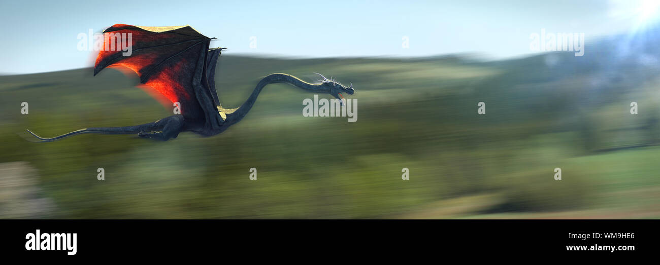 Fast flying dragon, creatura magica al di sopra di un paesaggio rurale Foto Stock