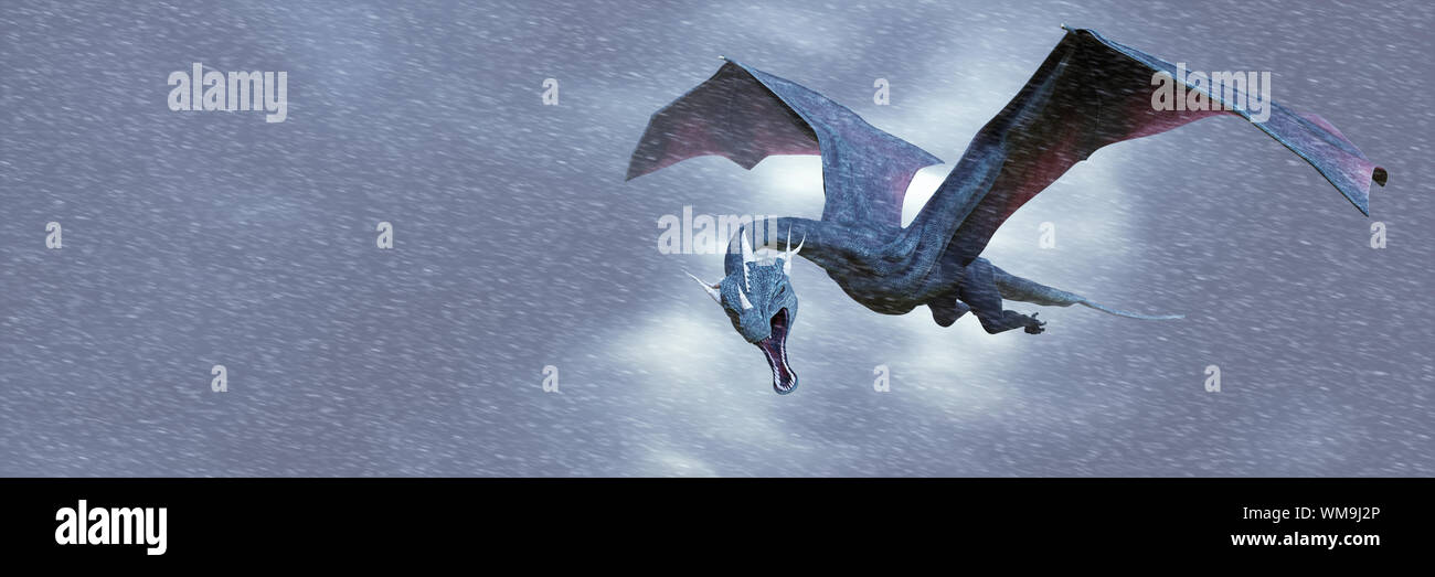 Drago, una creatura magica battenti in una tempesta di neve Foto Stock