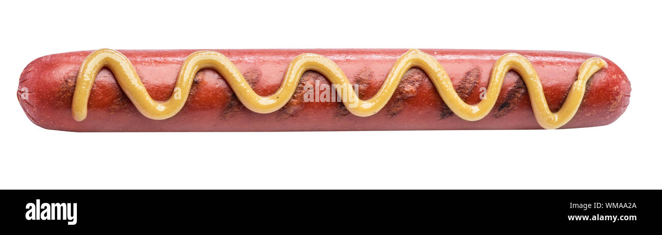 Grigliata di frankfurter salsiccia con senape isolati su sfondo bianco. Foto Stock