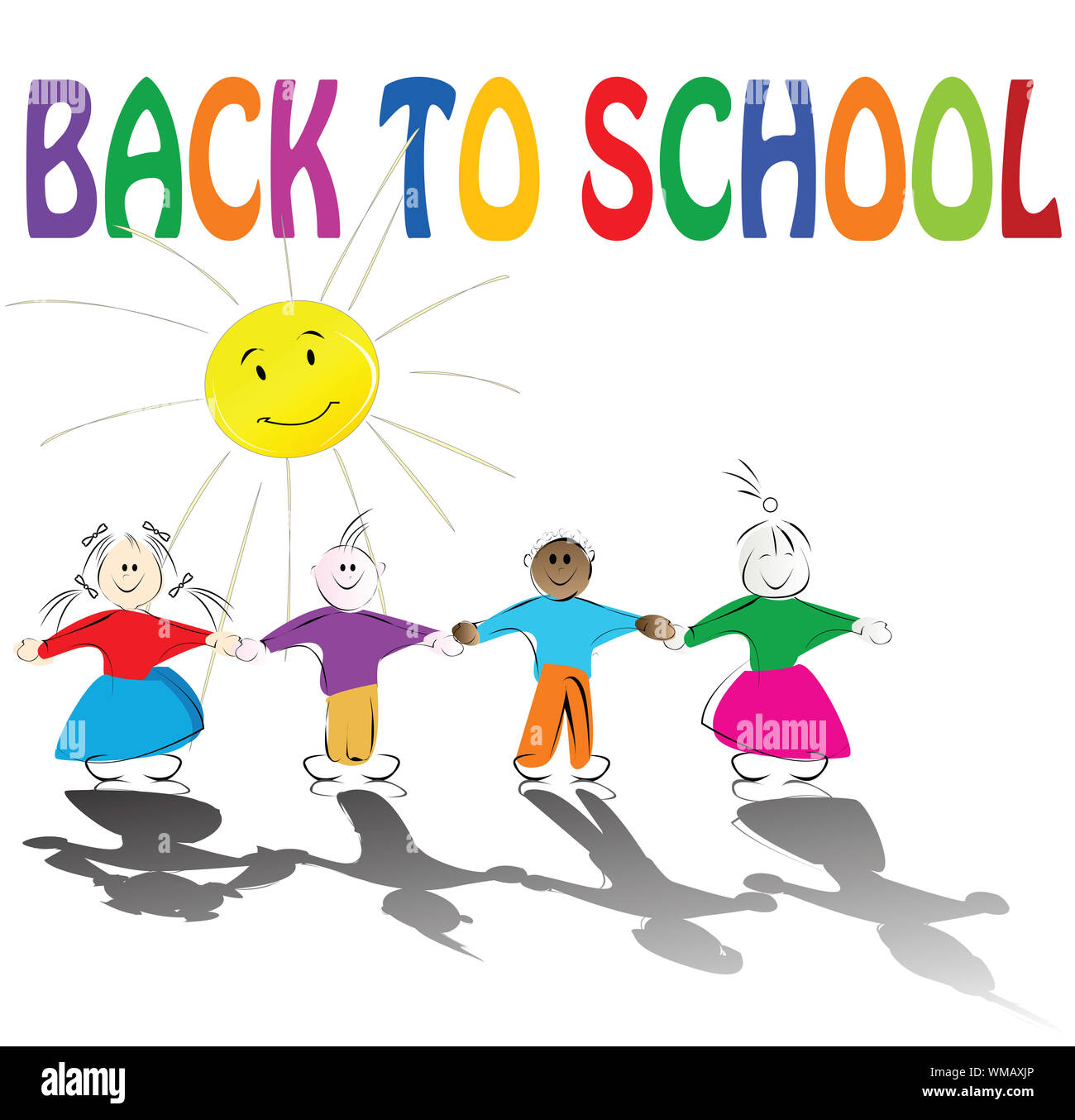 Si torna a scuola illustrazione con simpatici ragazzi tenendo le mani e sorridente sun Foto Stock