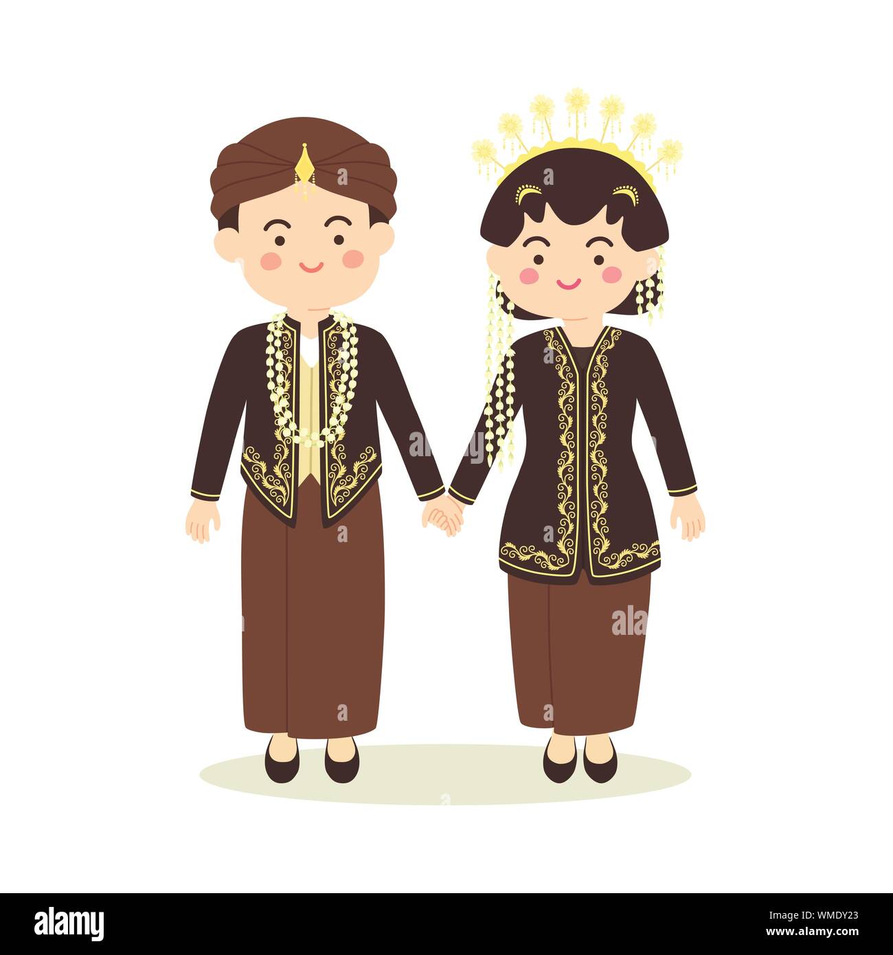 Java centrale Indonesia Sposi, carino nero Indonesiano tradizionale Giavanese costume di abiti da sposa e lo sposo cartoon illustrazione vettoriale Illustrazione Vettoriale