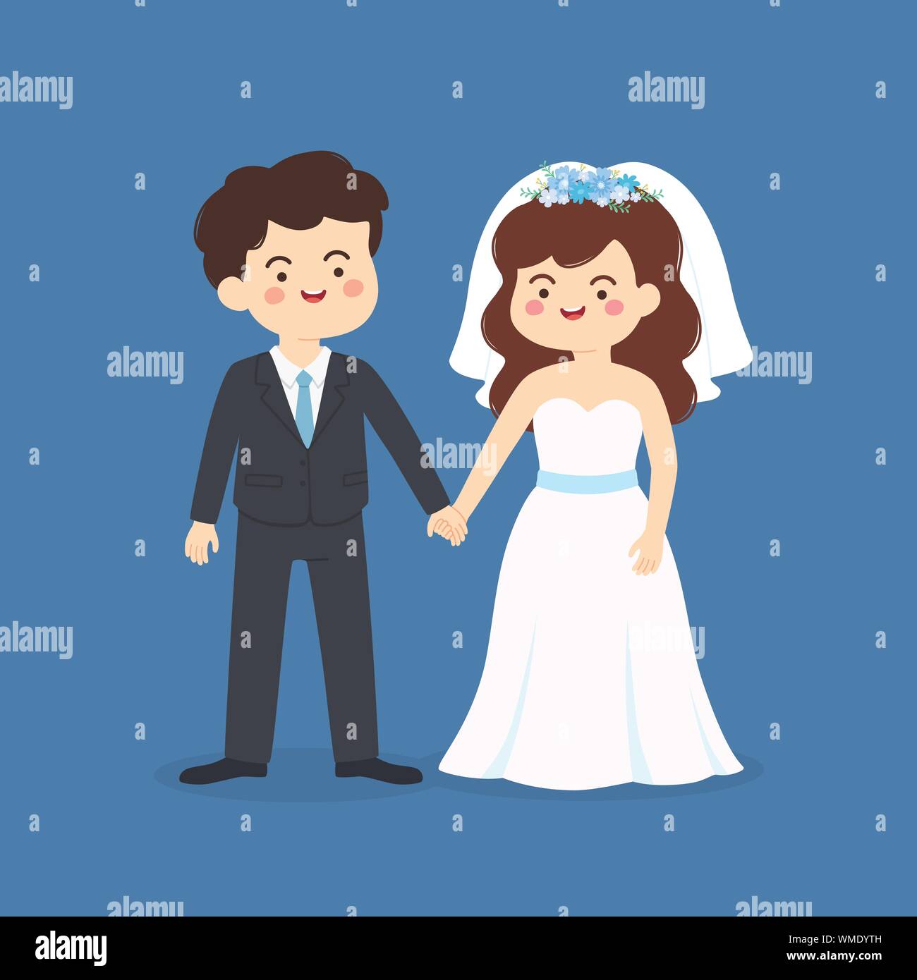 Carino Sposi invito. Sposa e lo sposo holding hands illustrazione vettoriale cartoon isolato sul tema blu sullo sfondo. Illustrazione Vettoriale
