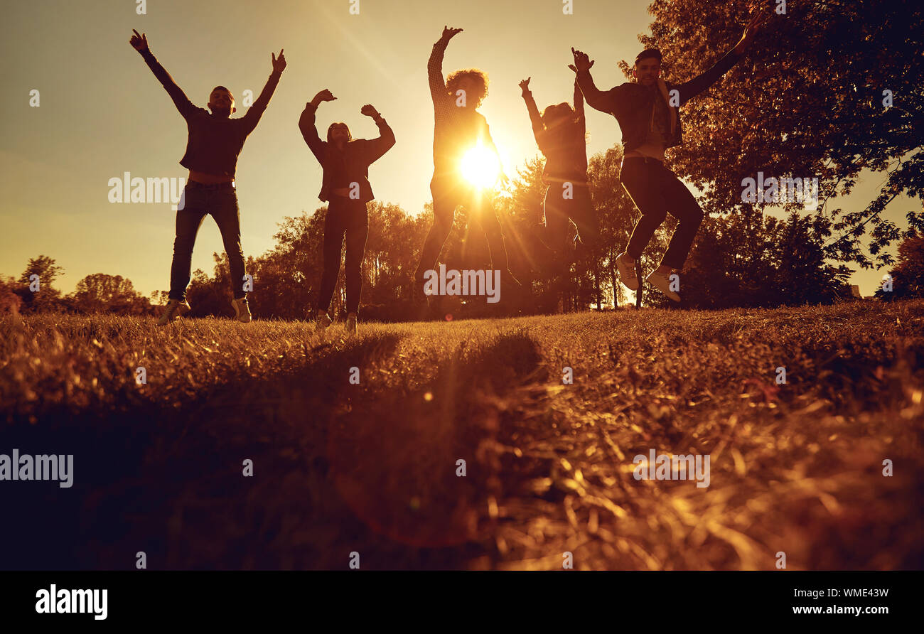 Un gruppo di giovani persone che saltano sull'erba nel parco al tramonto. Foto Stock