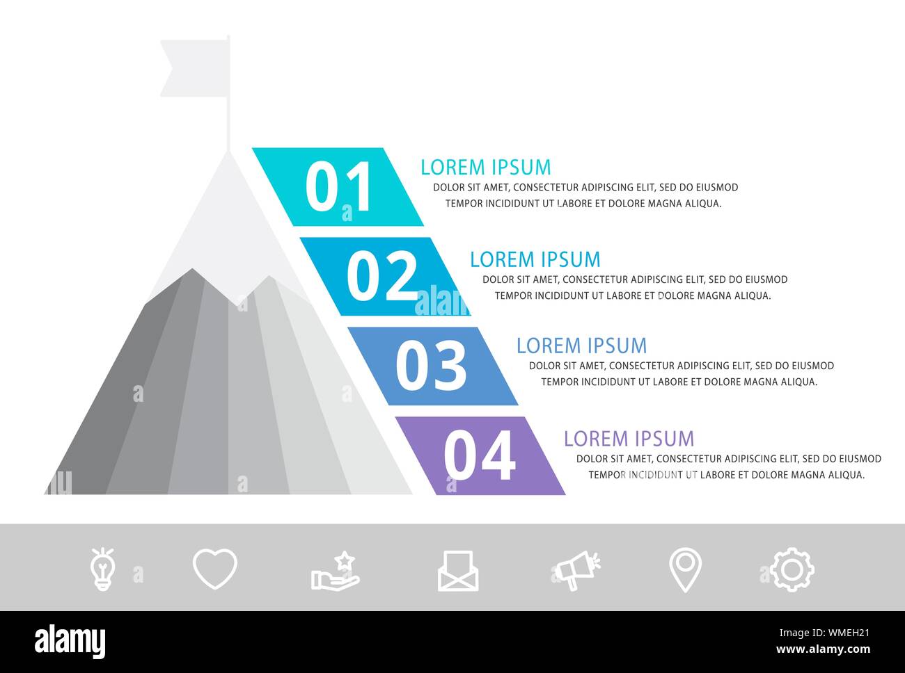 Vettore modello infografico con la piramide e di montagna e quattro etichette. Business concetto geometrico con 4 opzioni. Usato come sequenza temporale del flusso di lavoro presenta, Illustrazione Vettoriale