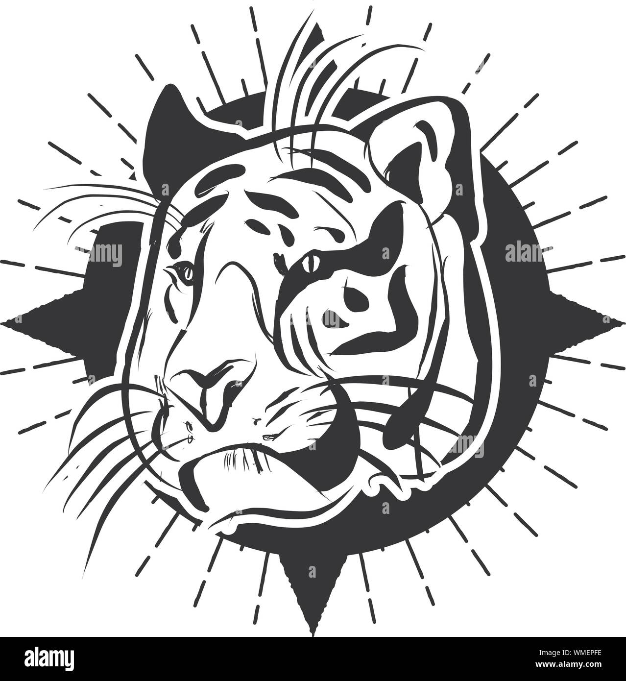 Illustrazione di linea di un testa di tiger, adatto come tattoo, squadra mascotte, simbolo per zoo o animale centro di conservazione Illustrazione Vettoriale