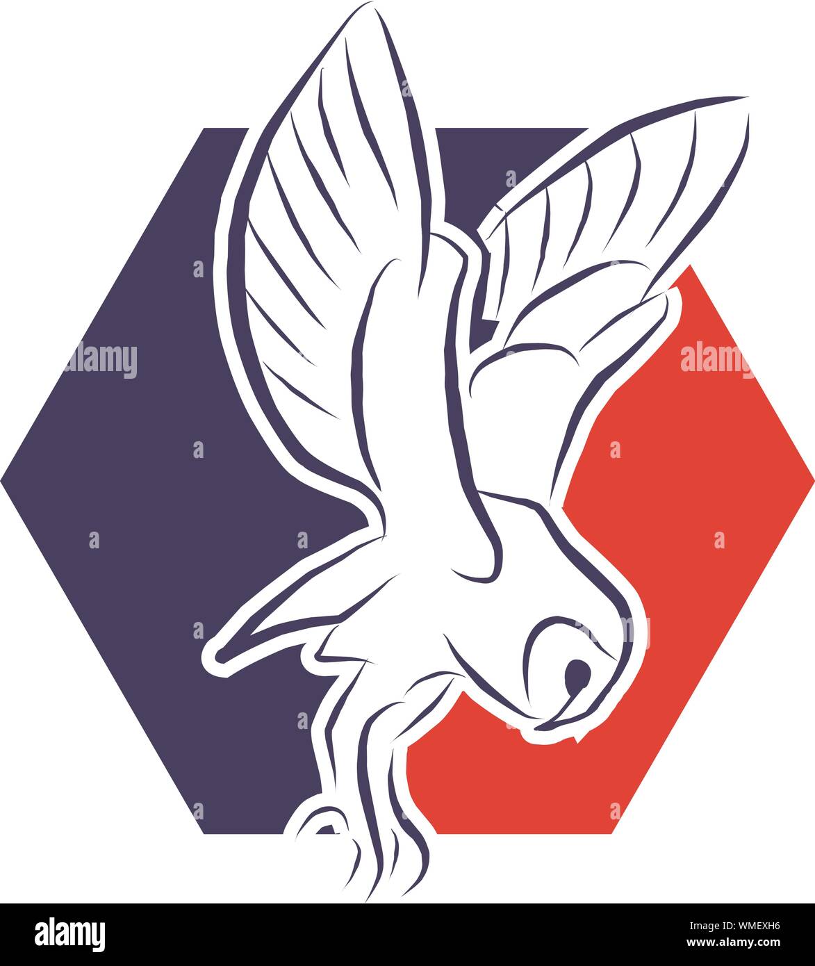 Vector Flying Owl, distesa la sua piuma. Grande gufo su sfondo a testa esagonale Illustrazione Vettoriale